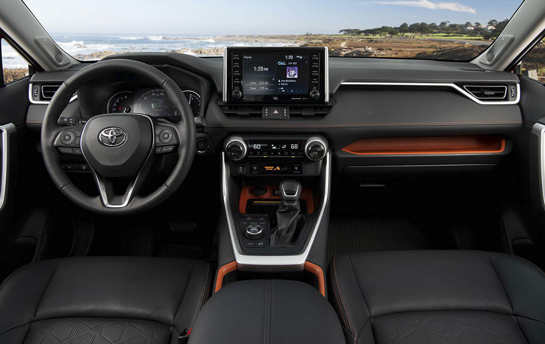 interior view with the central dashboard and steering wheel inside the 2021 Toyota RAV4