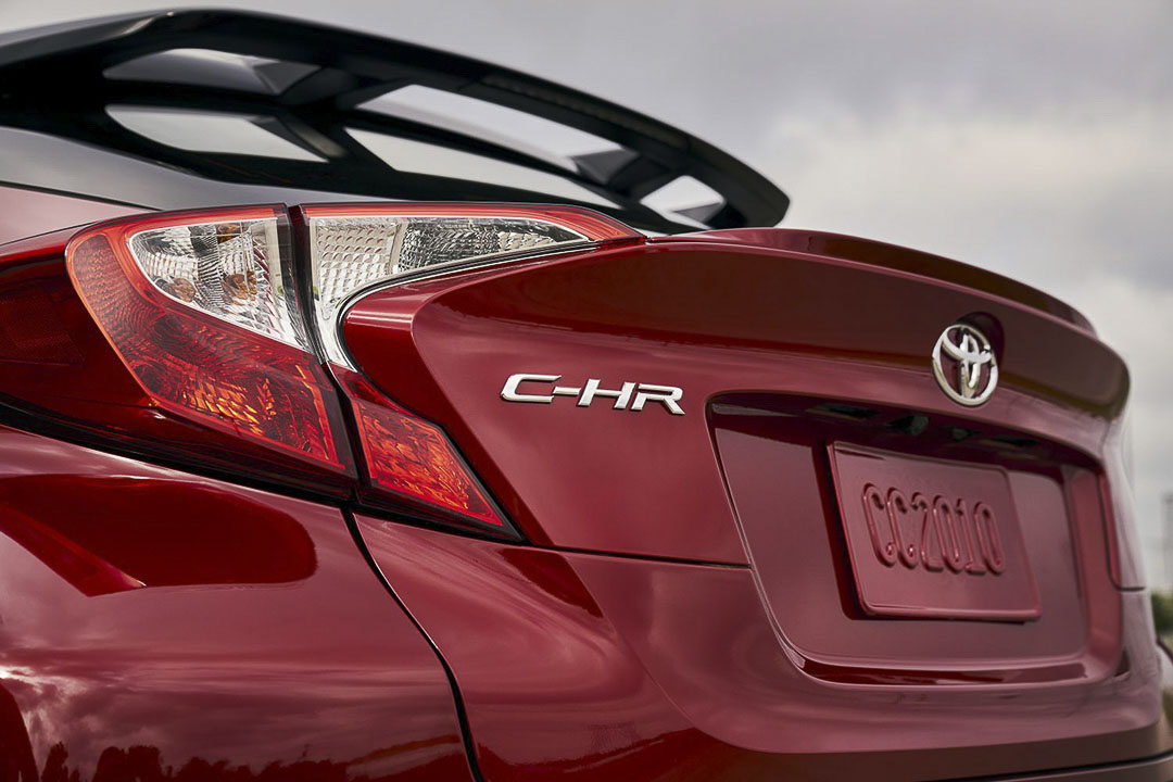 close up rear view of the 2021 Toyota C-HR tail light and model badge