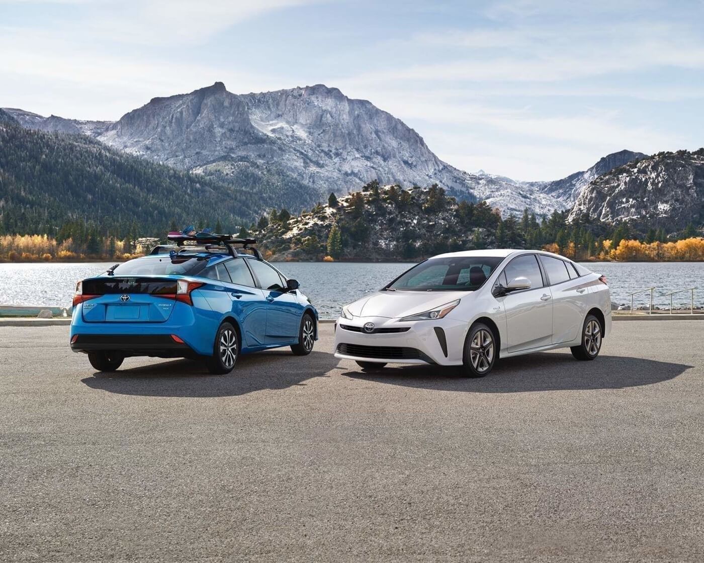 rear and front view of two 2022 Toyota Prius hybrid